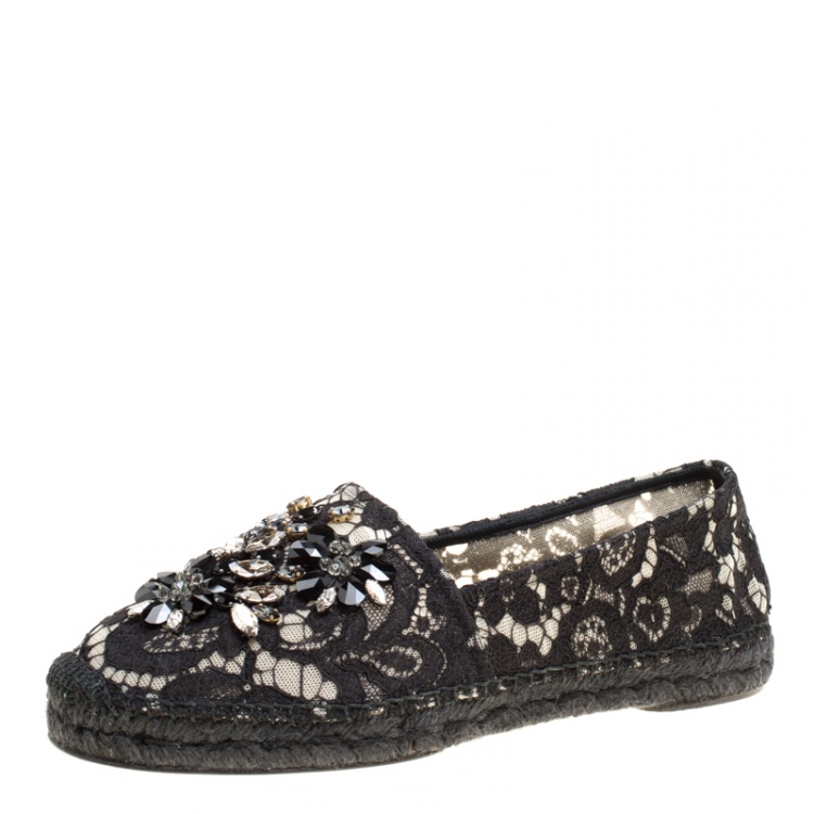 Pre Owned Dolce and Gabbana Black Lace Crystal Embellished Espadrilles Size 40