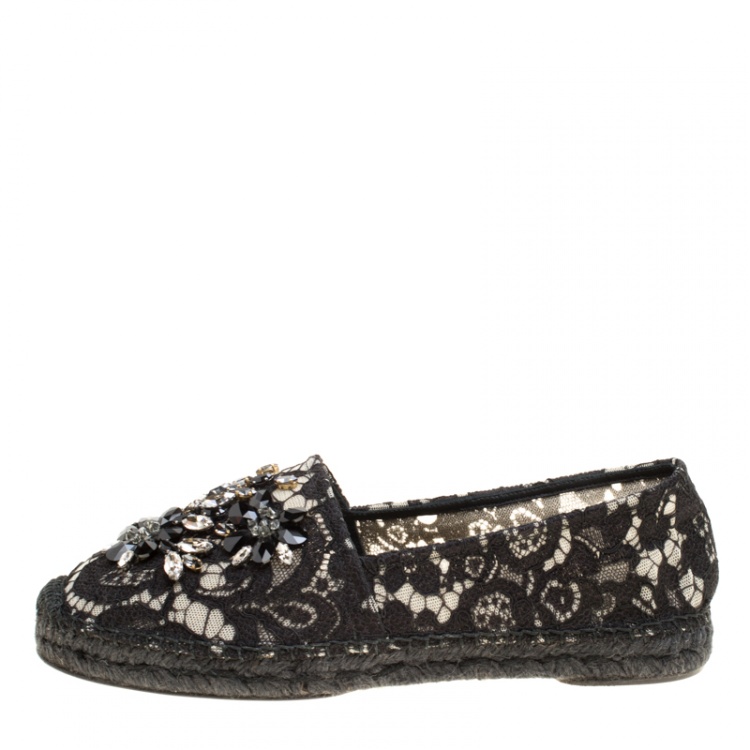 Pre Owned Dolce and Gabbana Black Lace Crystal Embellished Espadrilles Size 40