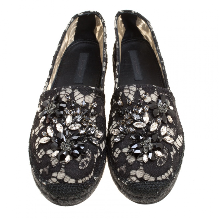 Pre Owned Dolce and Gabbana Black Lace Crystal Embellished Espadrilles Size 40