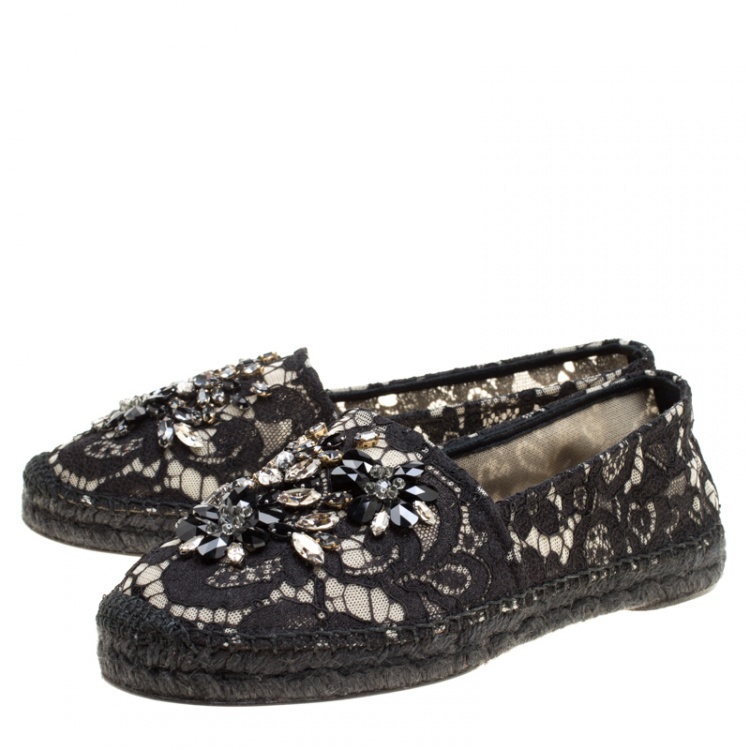 Pre Owned Dolce and Gabbana Black Lace Crystal Embellished Espadrilles Size 40