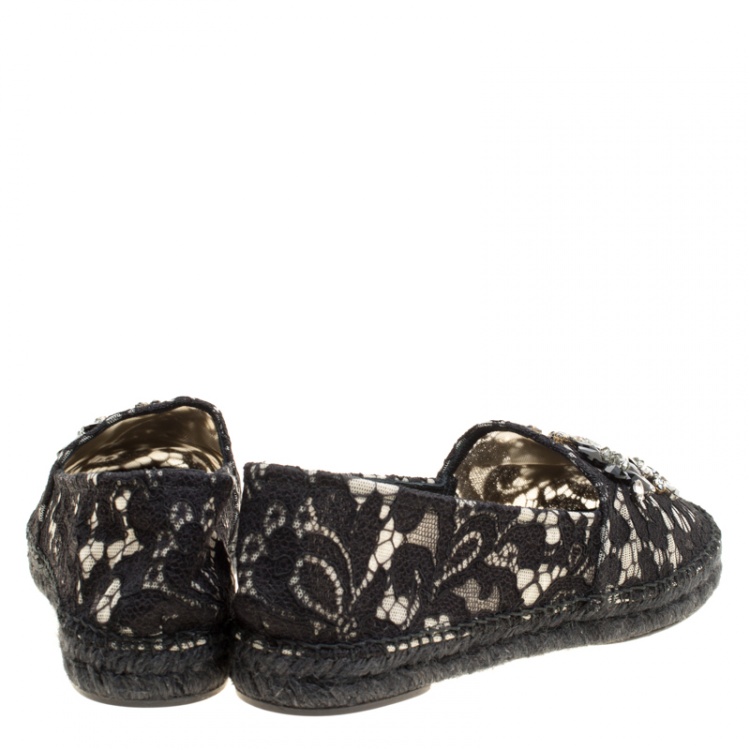 Pre Owned Dolce and Gabbana Black Lace Crystal Embellished Espadrilles Size 40