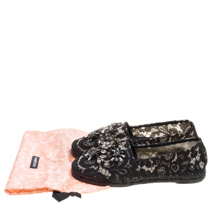 Pre Owned Dolce and Gabbana Black Lace Crystal Embellished Espadrilles Size 40
