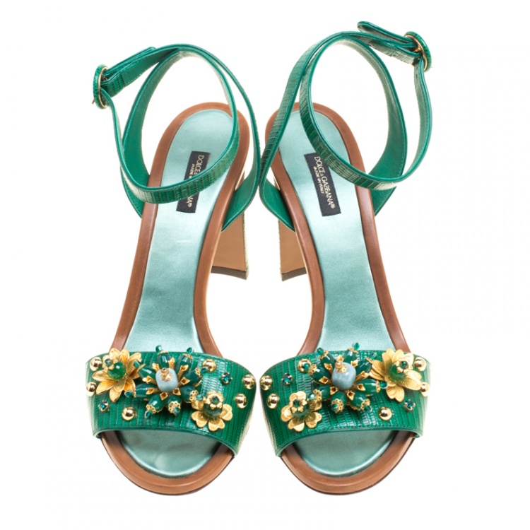 Pre Owned Dolce and Gabbana Green Lizard Embossed Leather Embellished Ankle Strap Sandals Size 40