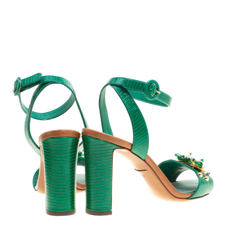 Pre Owned Dolce and Gabbana Green Lizard Embossed Leather Embellished Ankle Strap Sandals Size 40