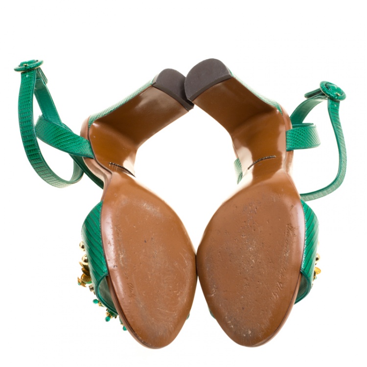 Pre Owned Dolce and Gabbana Green Lizard Embossed Leather Embellished Ankle Strap Sandals Size 40