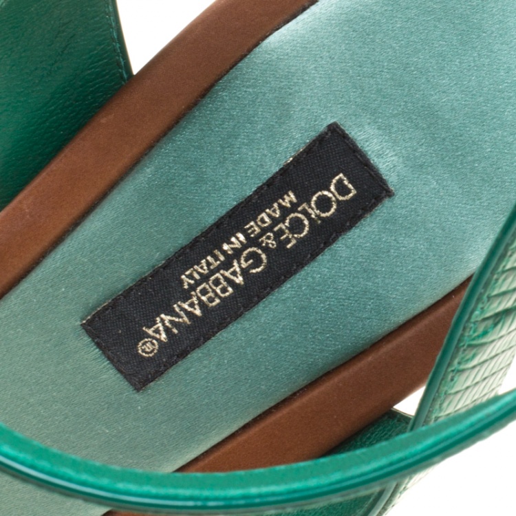 Pre Owned Dolce and Gabbana Green Lizard Embossed Leather Embellished Ankle Strap Sandals Size 40