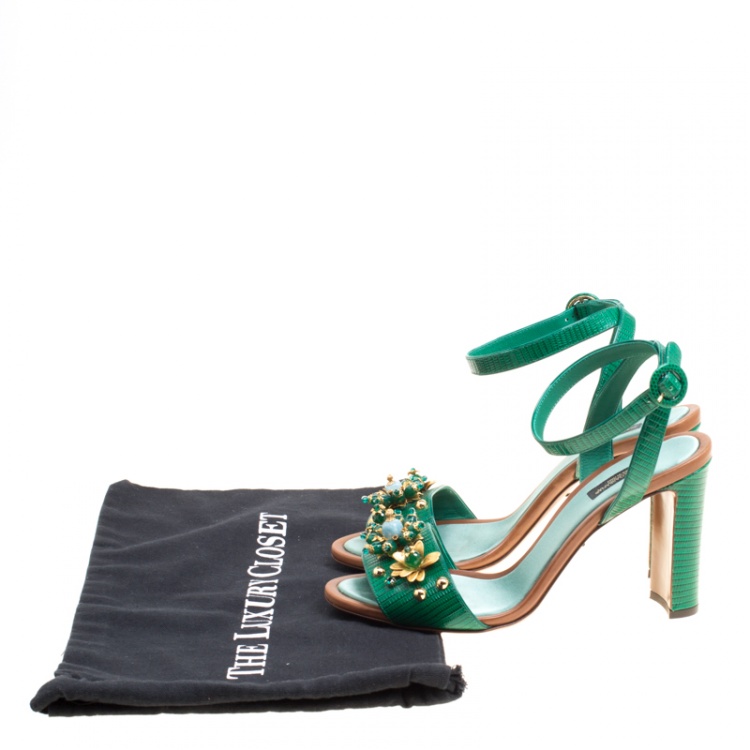 Pre Owned Dolce and Gabbana Green Lizard Embossed Leather Embellished Ankle Strap Sandals Size 40