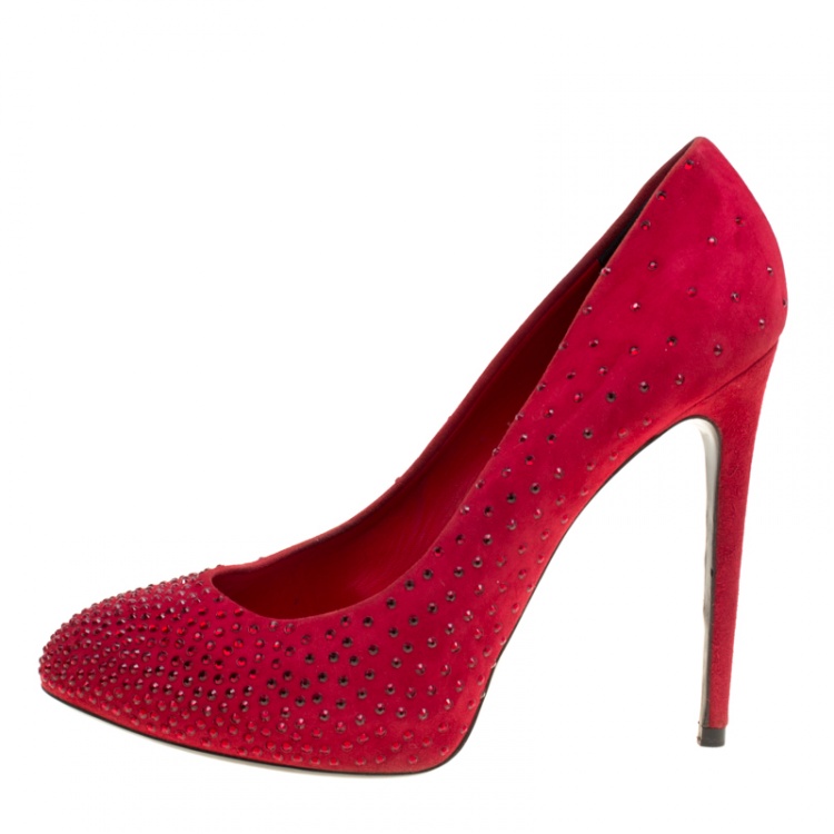 Pre Owned Dolce and Gabbana Red Suede Crystal Embellished Platform Pumps Size 39