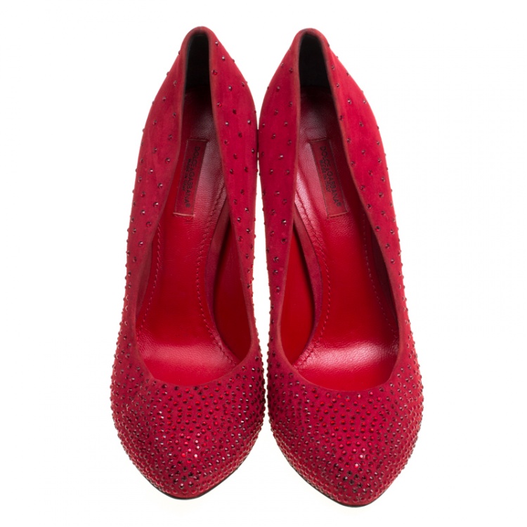 Pre Owned Dolce and Gabbana Red Suede Crystal Embellished Platform Pumps Size 39