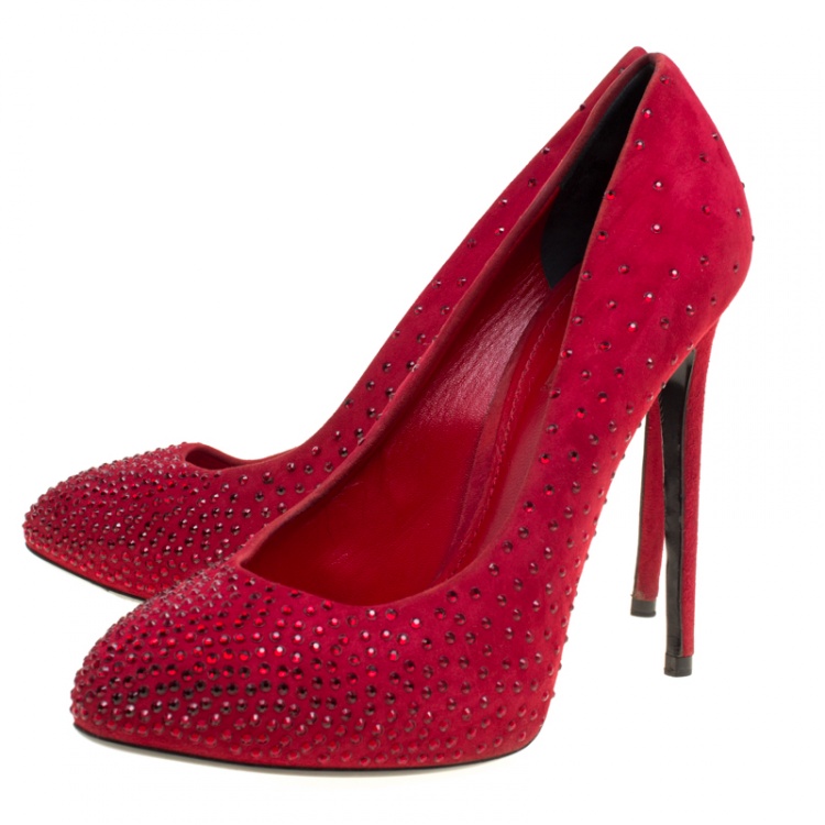 Pre Owned Dolce and Gabbana Red Suede Crystal Embellished Platform Pumps Size 39