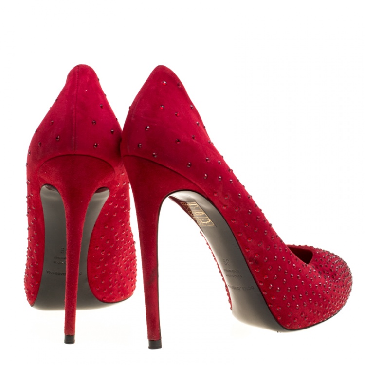 Pre Owned Dolce and Gabbana Red Suede Crystal Embellished Platform Pumps Size 39