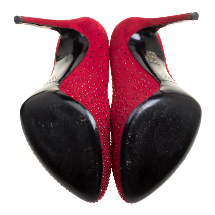 Pre Owned Dolce and Gabbana Red Suede Crystal Embellished Platform Pumps Size 39