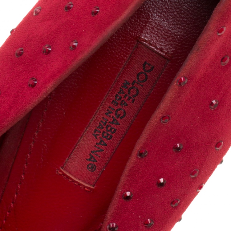 Pre Owned Dolce and Gabbana Red Suede Crystal Embellished Platform Pumps Size 39
