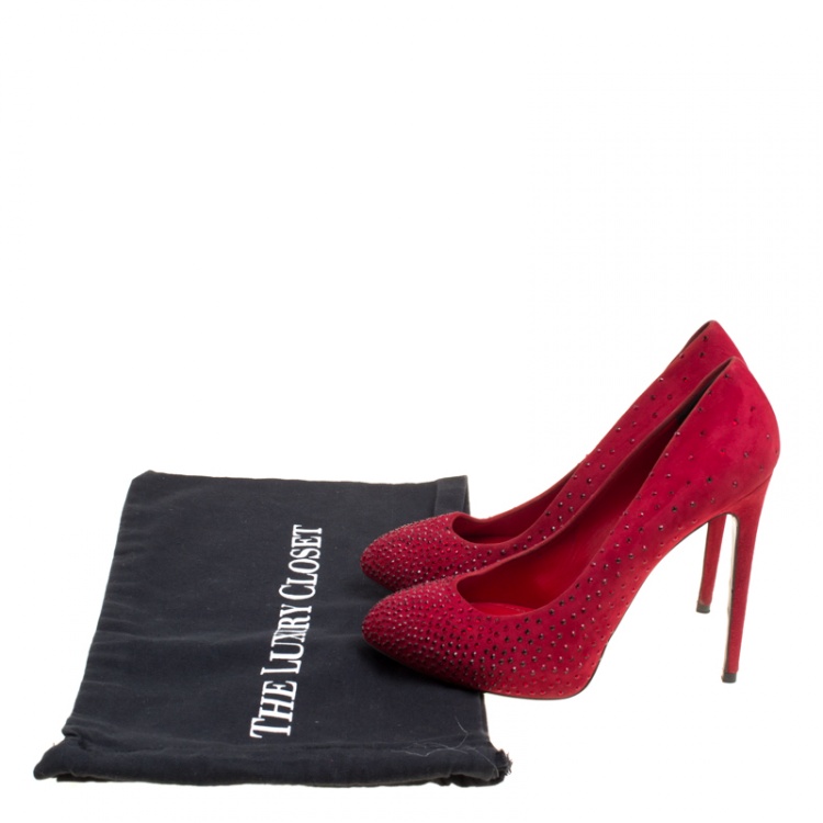 Pre Owned Dolce and Gabbana Red Suede Crystal Embellished Platform Pumps Size 39