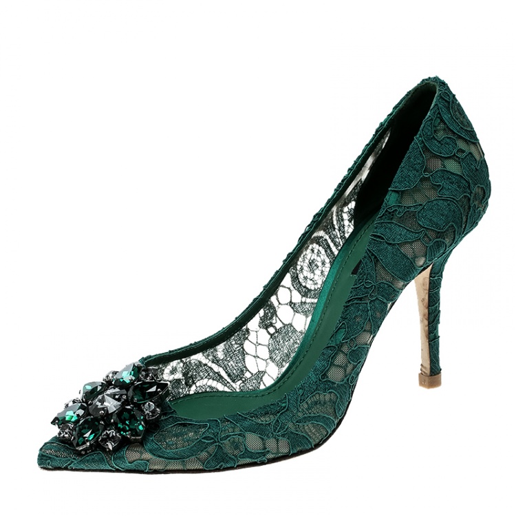 Dolce and Gabbana Green Lace Bellucci Crystal Embellished Pointed Toe Pumps  Size 38 Dolce & Gabbana | TLC