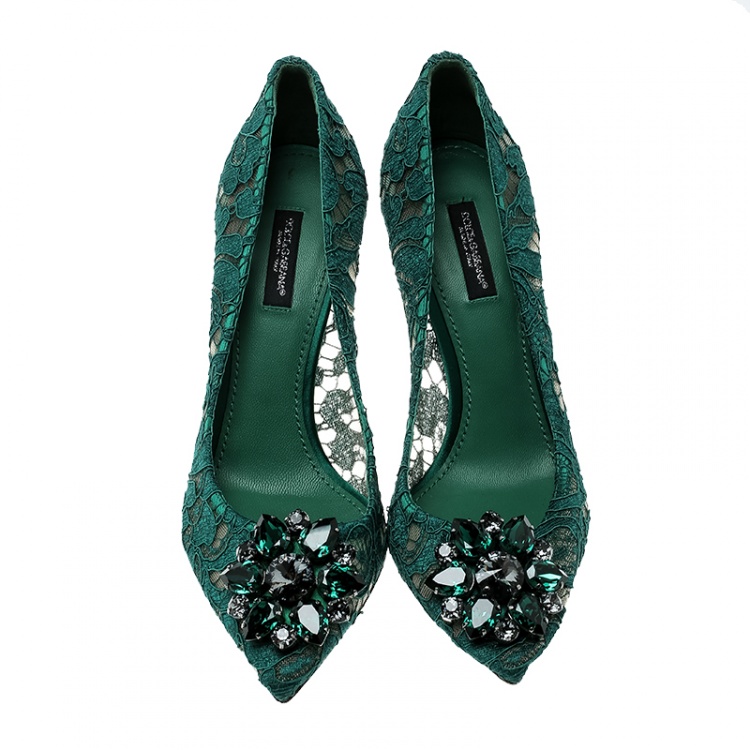 Pre Owned Dolce and Gabbana Green Lace Bellucci Crystal Embellished Pointed Toe Pumps Size 38