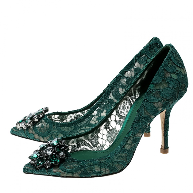 Pre Owned Dolce and Gabbana Green Lace Bellucci Crystal Embellished Pointed Toe Pumps Size 38