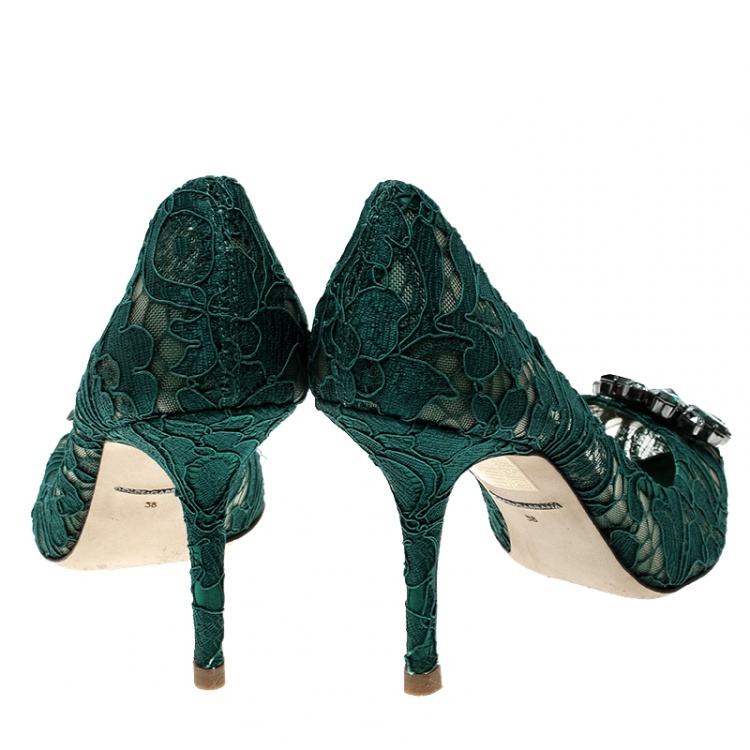 Pre Owned Dolce and Gabbana Green Lace Bellucci Crystal Embellished Pointed Toe Pumps Size 38