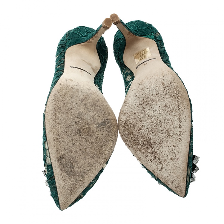 Pre Owned Dolce and Gabbana Green Lace Bellucci Crystal Embellished Pointed Toe Pumps Size 38