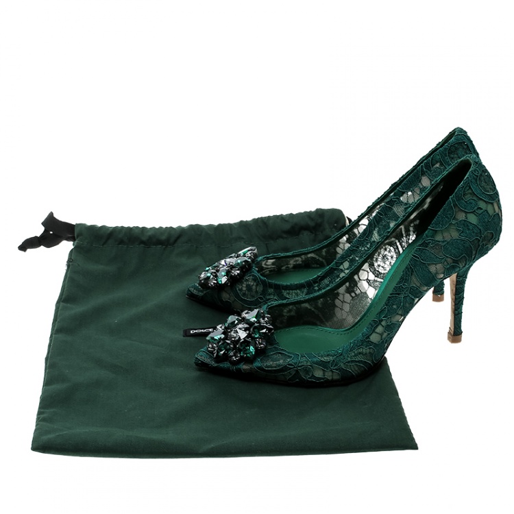 Pre Owned Dolce and Gabbana Green Lace Bellucci Crystal Embellished Pointed Toe Pumps Size 38