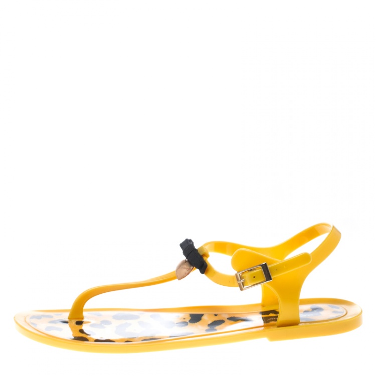 Pre Owned Dolce and Gabbana Yellow Jelly Bow Thong Flat Sandals Size 40
