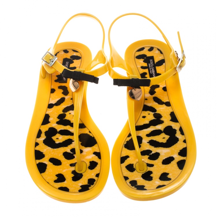 Pre Owned Dolce and Gabbana Yellow Jelly Bow Thong Flat Sandals Size 40