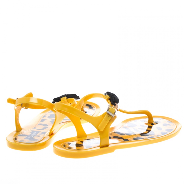 Pre Owned Dolce and Gabbana Yellow Jelly Bow Thong Flat Sandals Size 40