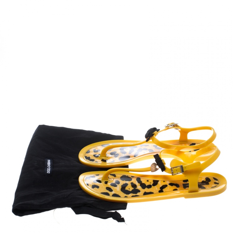 Pre Owned Dolce and Gabbana Yellow Jelly Bow Thong Flat Sandals Size 40