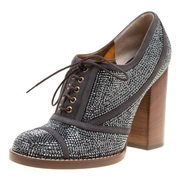 Pre Owned Dolce and Gabbana Grey Crystal Embellishment and Suede Lace Up Heel Booties Size 40