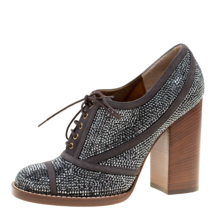 Pre Owned Dolce and Gabbana Grey Crystal Embellishment and Suede Lace Up Heel Booties Size 40