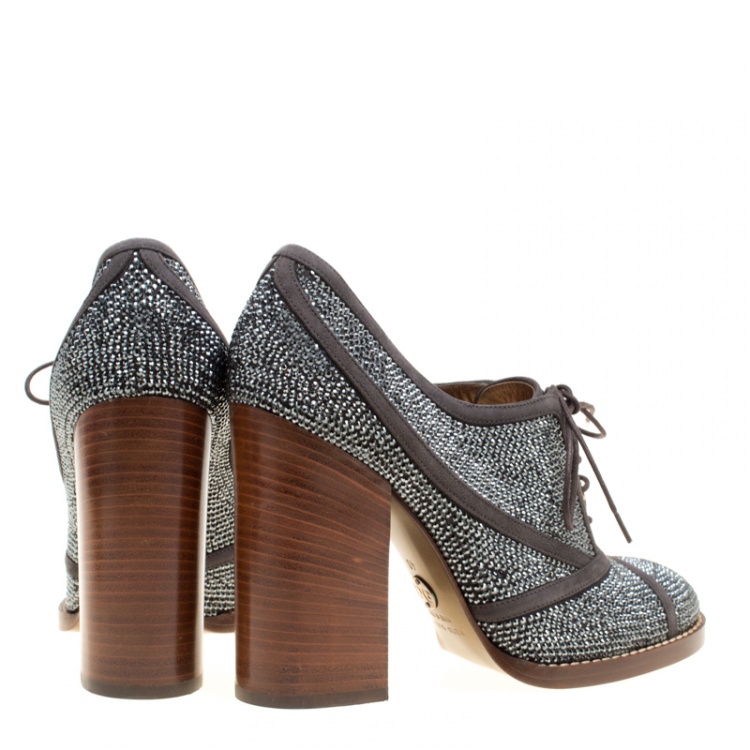 Pre Owned Dolce and Gabbana Grey Crystal Embellishment and Suede Lace Up Heel Booties Size 40