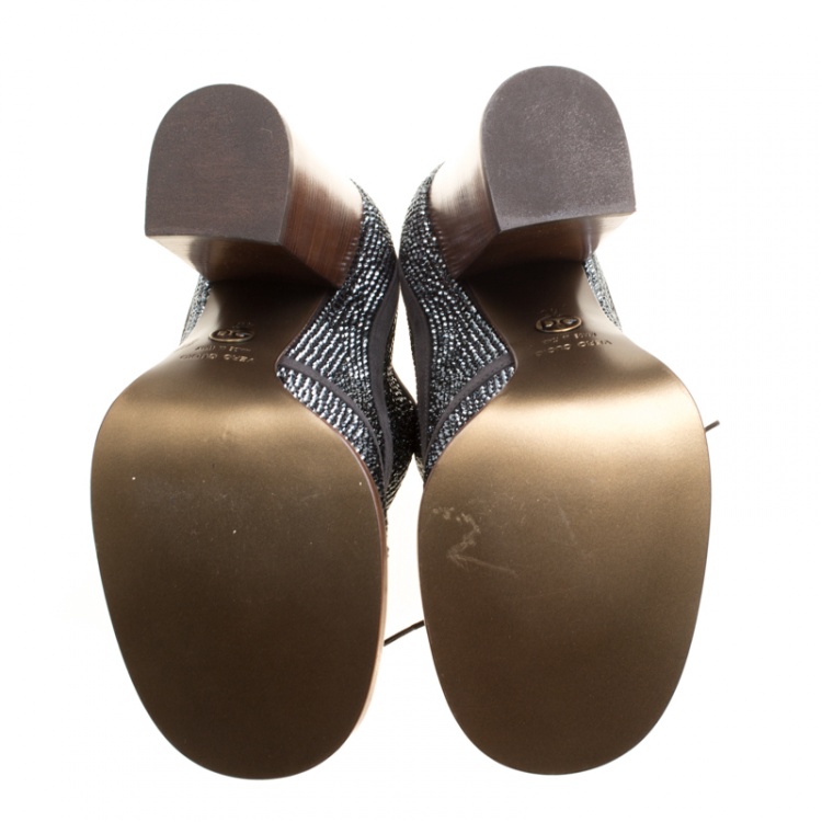 Pre Owned Dolce and Gabbana Grey Crystal Embellishment and Suede Lace Up Heel Booties Size 40