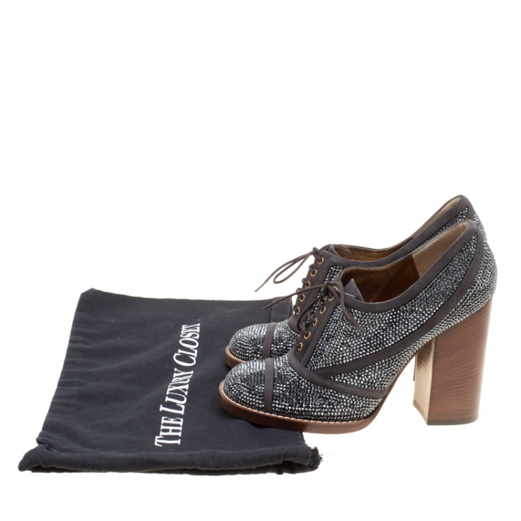 Pre Owned Dolce and Gabbana Grey Crystal Embellishment and Suede Lace Up Heel Booties Size 40