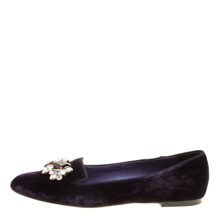 Pre Owned Dolce and Gabbana Purple Velvet Crystal Embellished Smoking Slippers Size 38