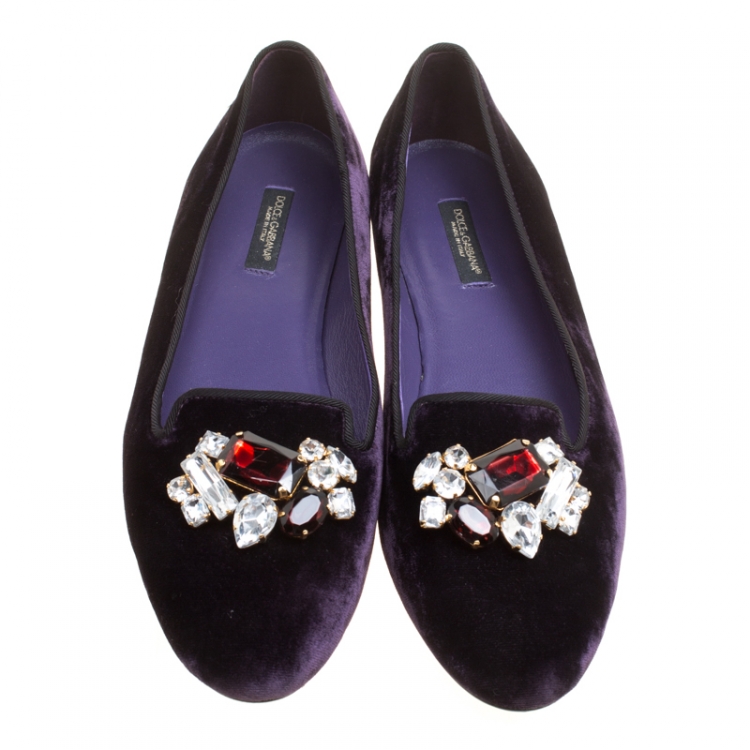 Pre Owned Dolce and Gabbana Purple Velvet Crystal Embellished Smoking Slippers Size 38