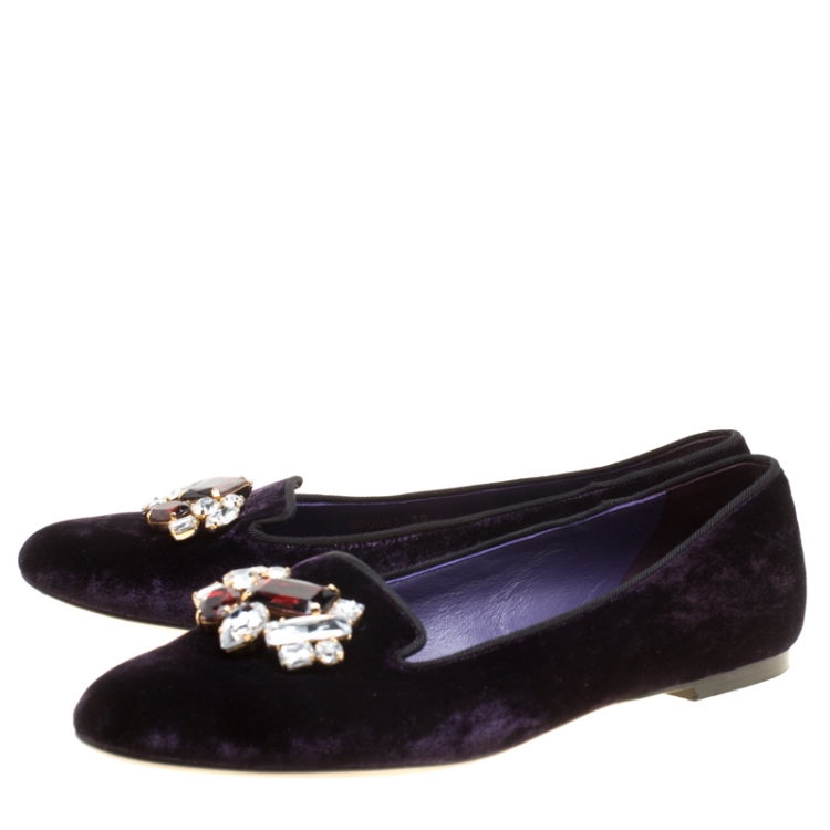 Pre Owned Dolce and Gabbana Purple Velvet Crystal Embellished Smoking Slippers Size 38