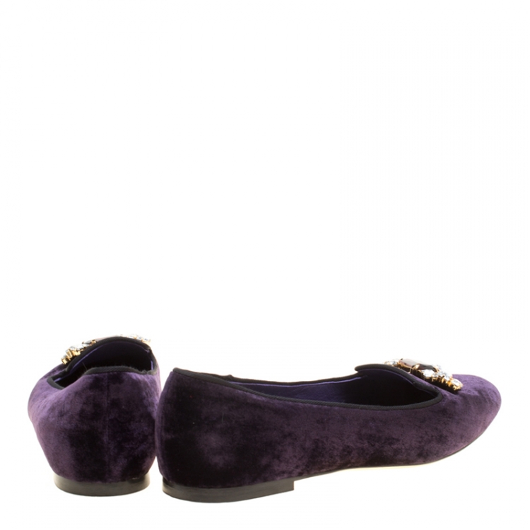 Pre Owned Dolce and Gabbana Purple Velvet Crystal Embellished Smoking Slippers Size 38