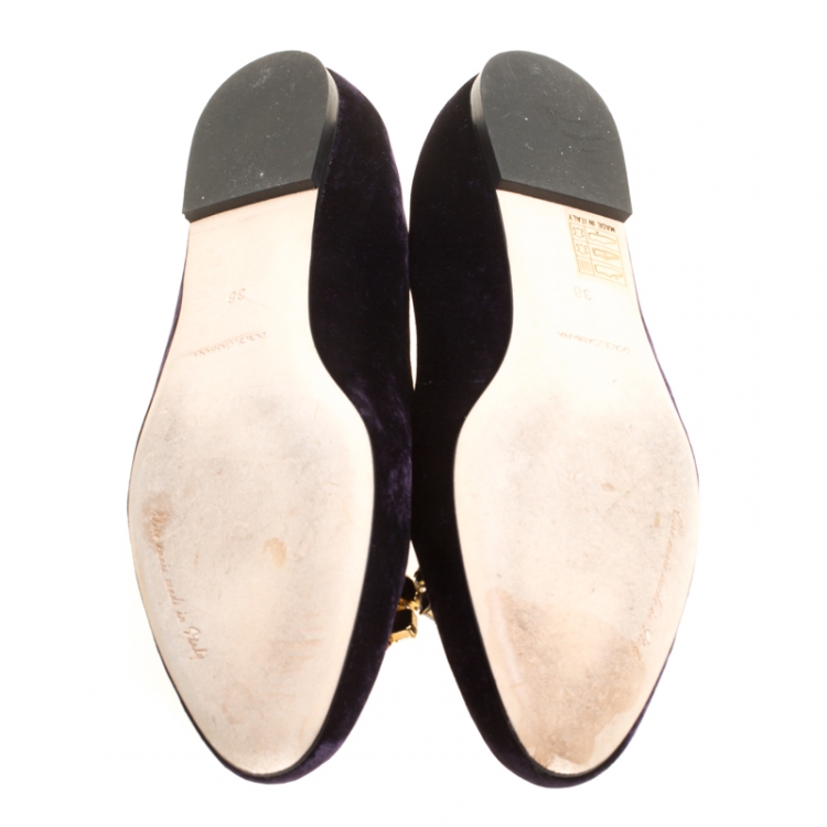 Pre Owned Dolce and Gabbana Purple Velvet Crystal Embellished Smoking Slippers Size 38