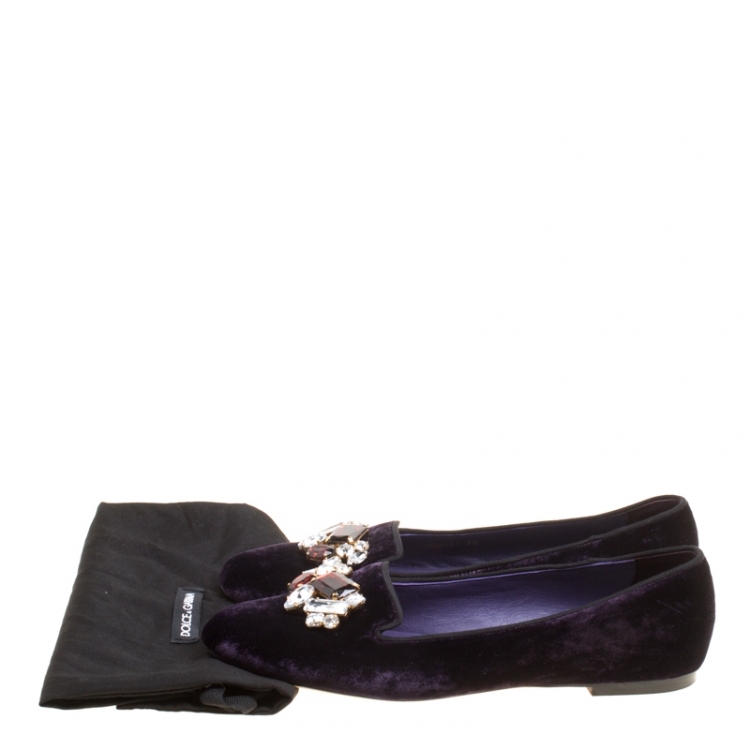Pre Owned Dolce and Gabbana Purple Velvet Crystal Embellished Smoking Slippers Size 38