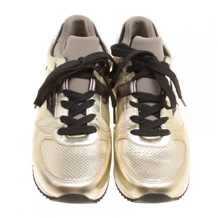 Pre Owned Dolce and Gabbana Gold/Black Peforated Leather Sneakers Size 37