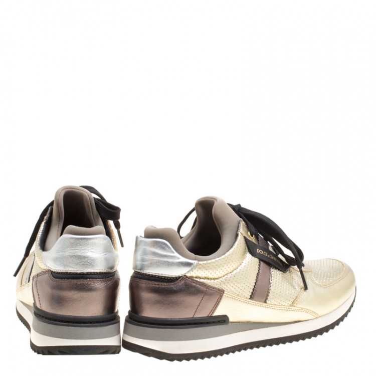 Pre Owned Dolce and Gabbana Gold/Black Peforated Leather Sneakers Size 37