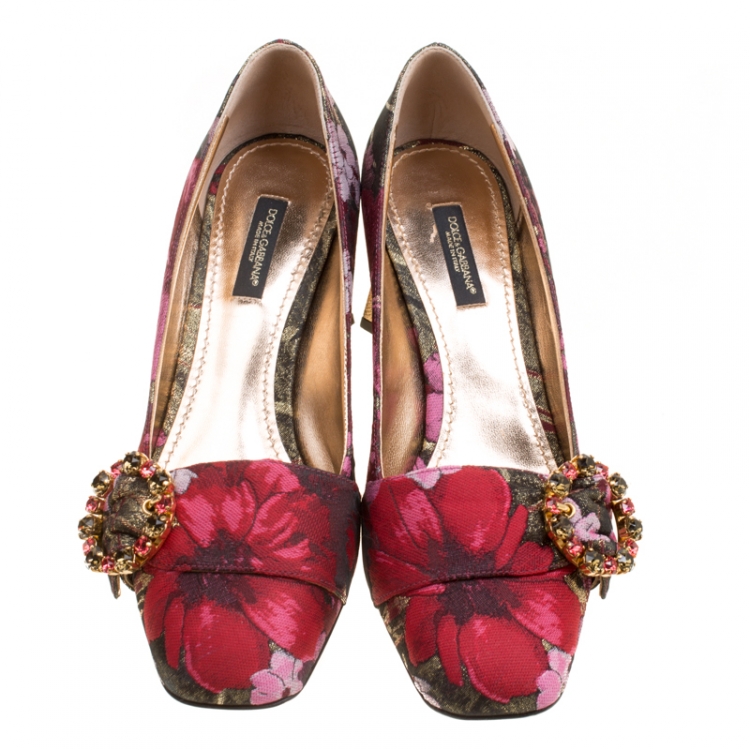Pre Owned Dolce and Gabbana Floral Jacquard Fabric Block Heel Pumps Size 37.5