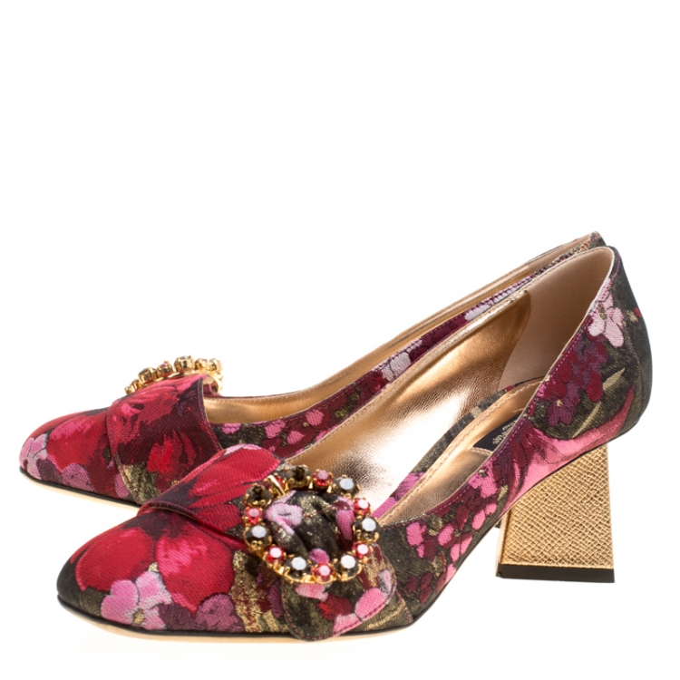 Pre Owned Dolce and Gabbana Floral Jacquard Fabric Block Heel Pumps Size 37.5