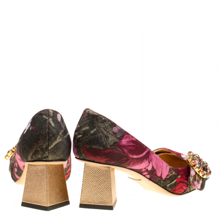 Pre Owned Dolce and Gabbana Floral Jacquard Fabric Block Heel Pumps Size 37.5