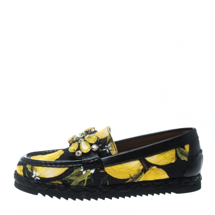 Pre Owned Dolce and Gabbana Lemon Print Crystal Embellished Espadrillle Moccasins Size 36.5