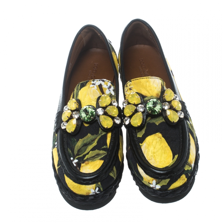 Pre Owned Dolce and Gabbana Lemon Print Crystal Embellished Espadrillle Moccasins Size 36.5