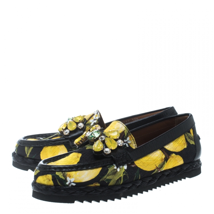 Pre Owned Dolce and Gabbana Lemon Print Crystal Embellished Espadrillle Moccasins Size 36.5