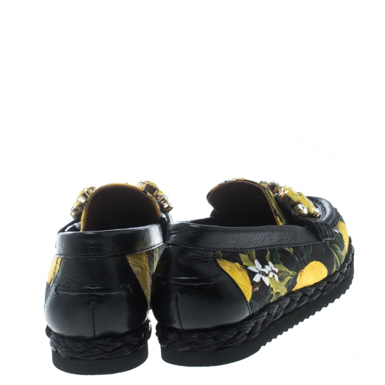 Pre Owned Dolce and Gabbana Lemon Print Crystal Embellished Espadrillle Moccasins Size 36.5