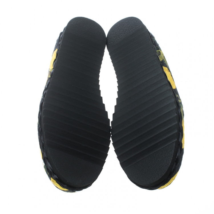 Pre Owned Dolce and Gabbana Lemon Print Crystal Embellished Espadrillle Moccasins Size 36.5