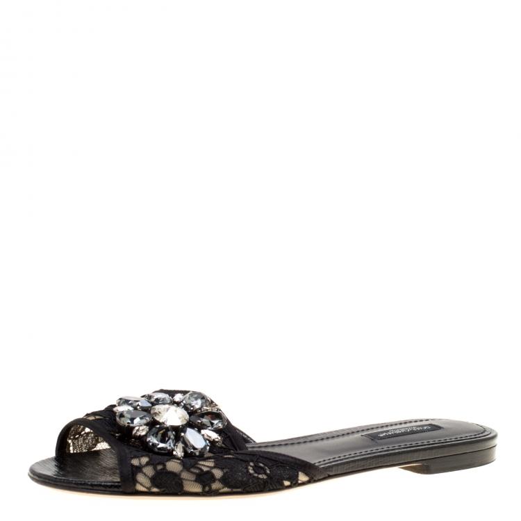 Pre Owned Dolce and Gabbana Black Lace Sofia Crystal Embellished Slides Size 37.5